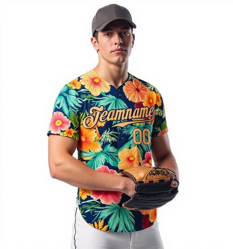 Custom Teal & White/Navy Hawaii Palm Leaves And Flowers 3D Pattern Baseball Jersey