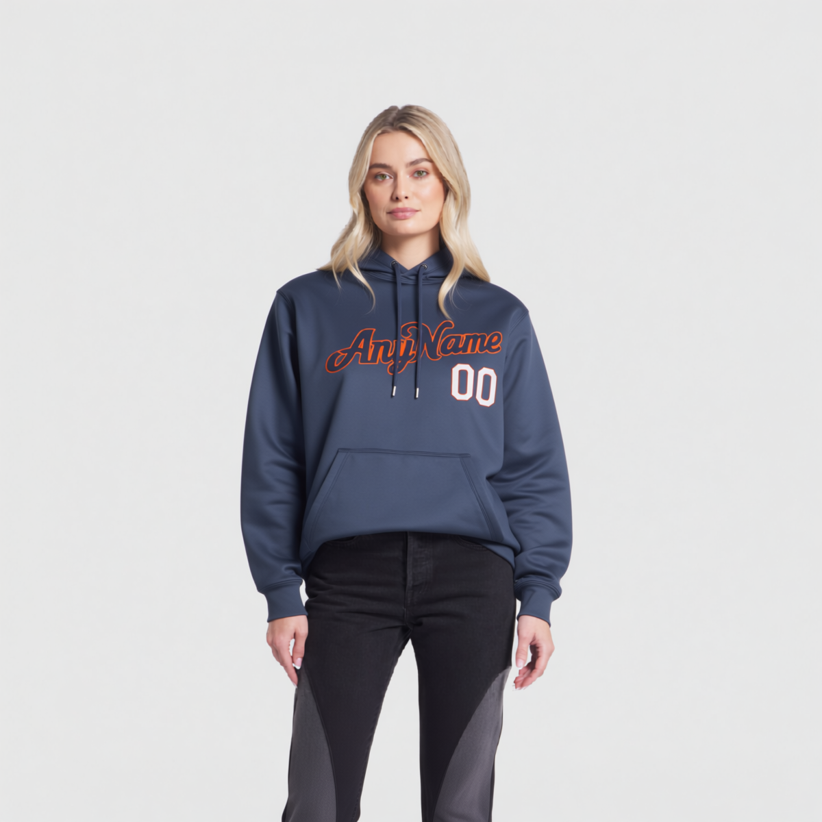 Custom Navy Blue & Orange/White Pullover Sports Sweatshirt Hoodie