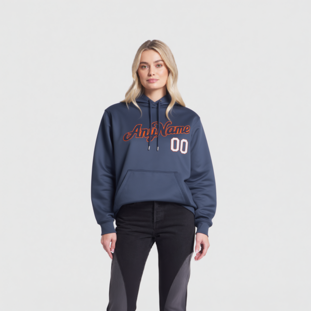 Custom Navy Blue & Orange/White Pullover Sports Sweatshirt Hoodie