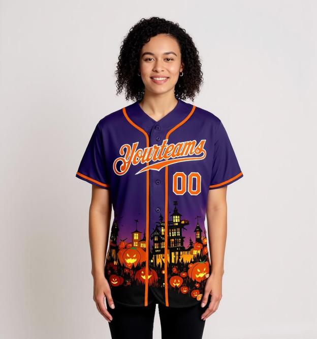 Custom Purple&Orange/White 3D Pattern Halloween Pumpkins Bats Baseball Jersey