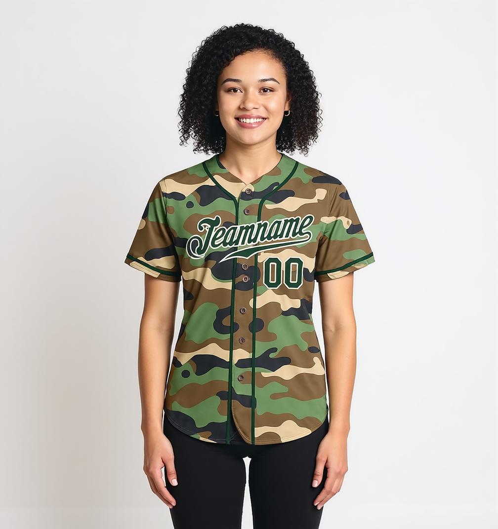 Custom Camo Green & White Salute To Service Baseball Jersey