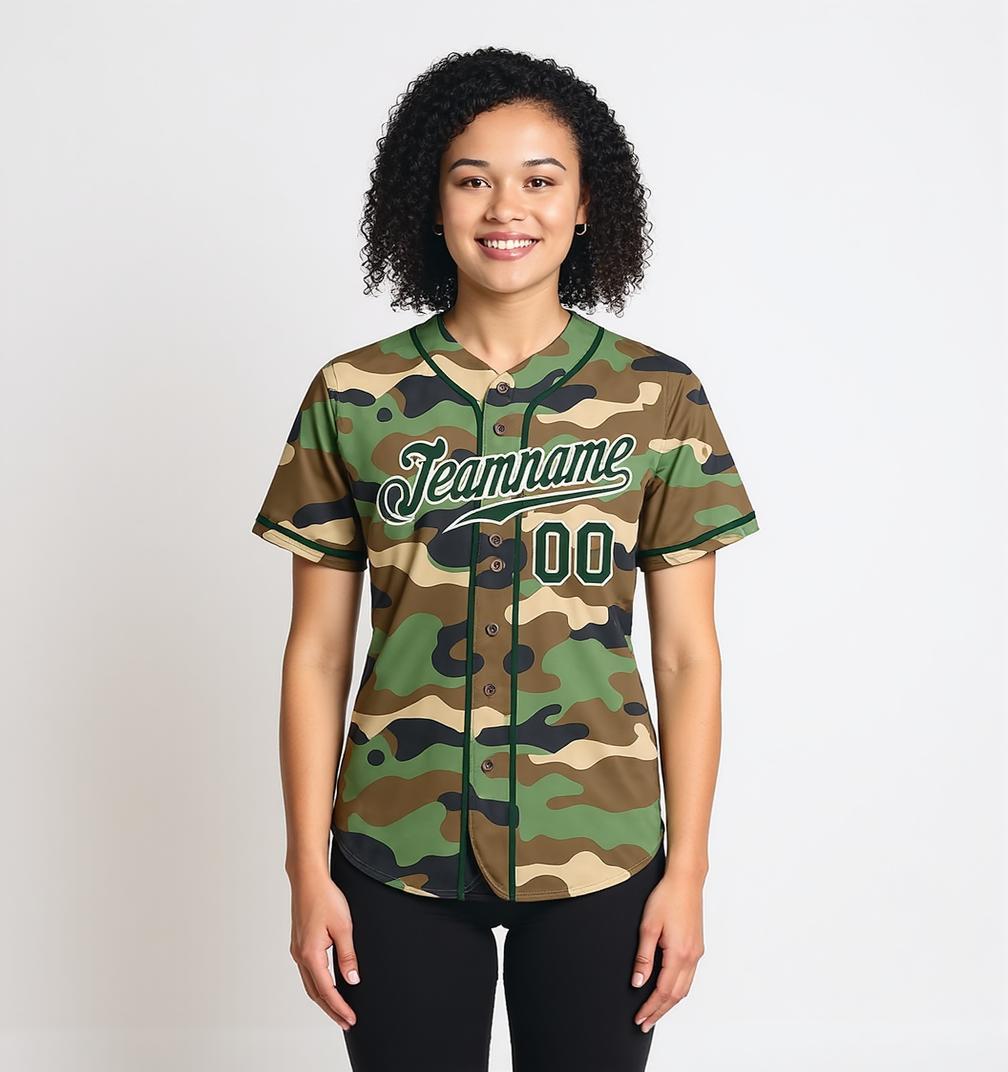 Custom Camo Green & White Salute To Service Baseball Jersey
