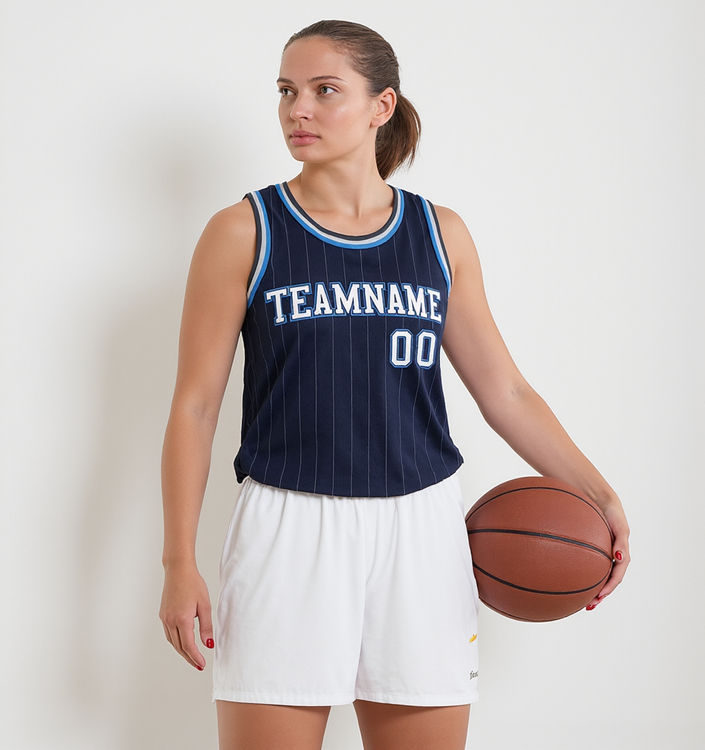 Custom Navy & White/Blue Pinstripes Basketball City Edition Jersey