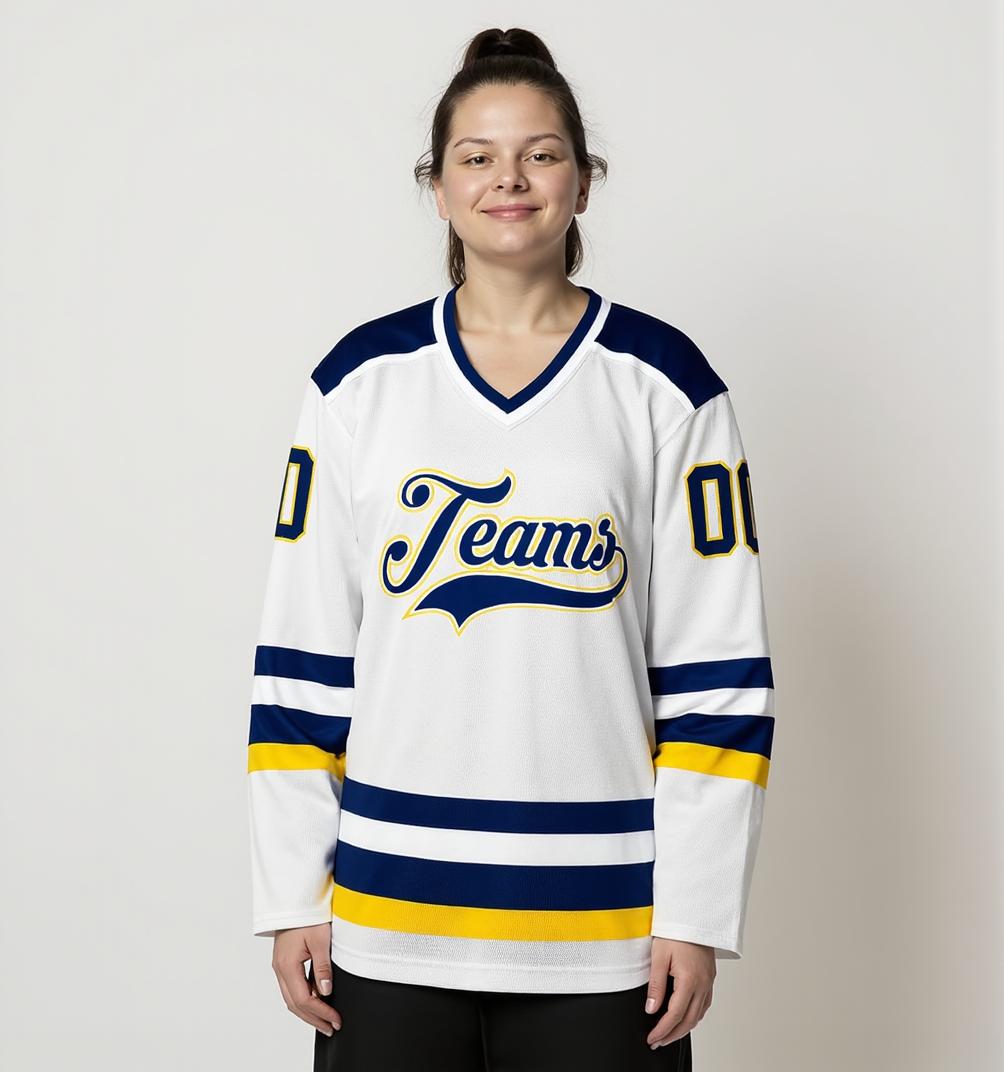 Custom White & Navy/Yellow Hockey Jersey