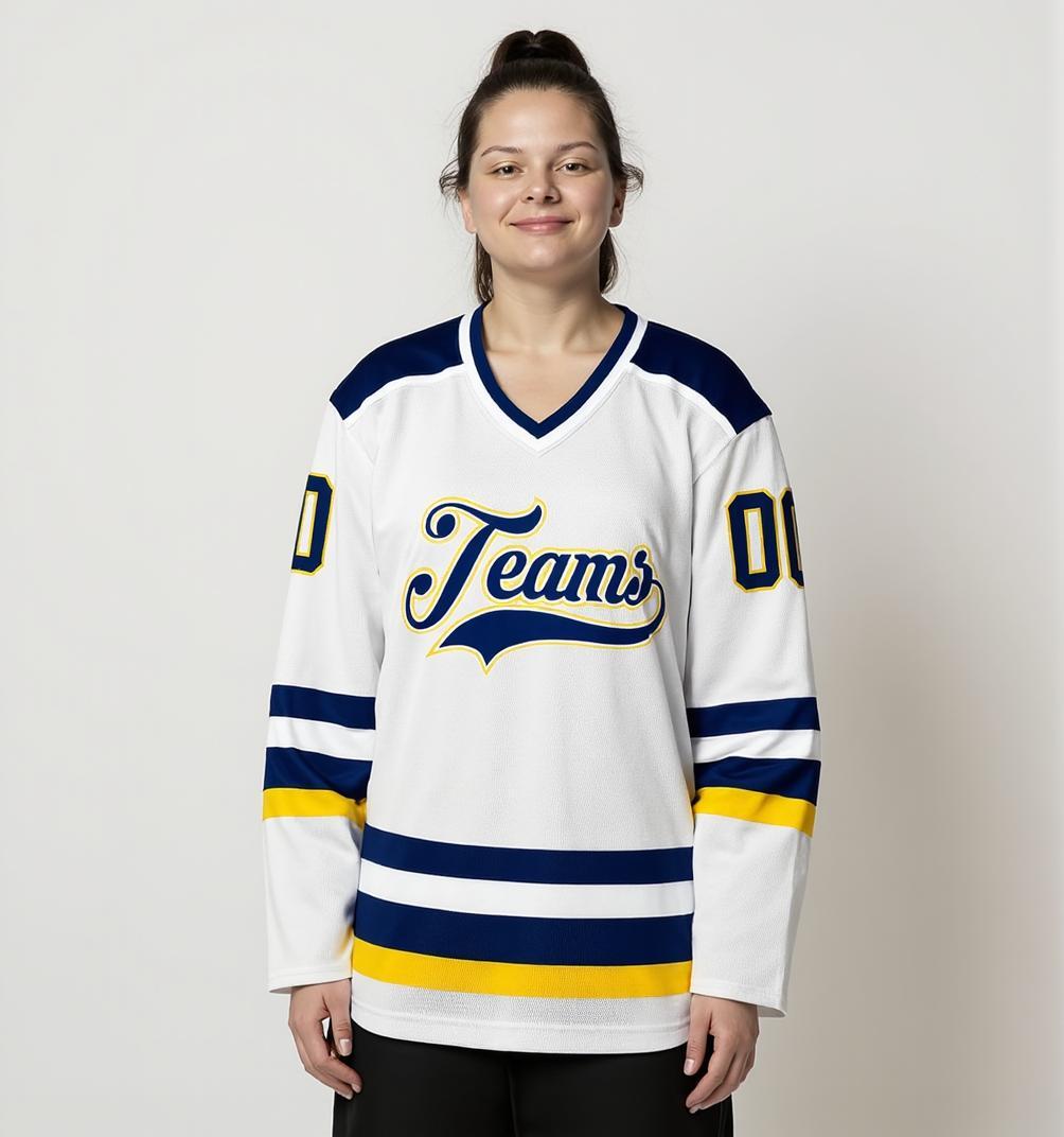 Custom White & Navy/Yellow Hockey Jersey