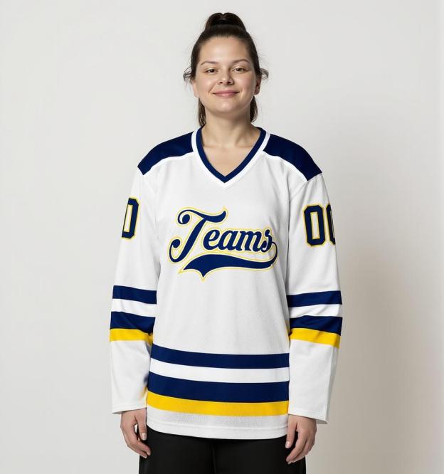 Custom White & Navy/Yellow Hockey Jersey