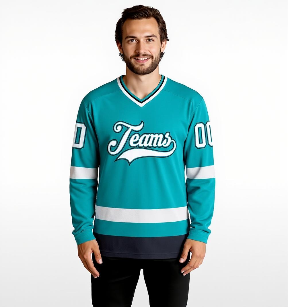 Custom Aqua & White/Black Hockey Jersey