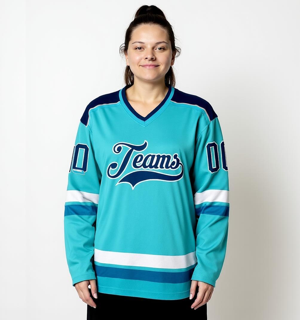 Custom Aqua & Navy/White Hockey Jersey
