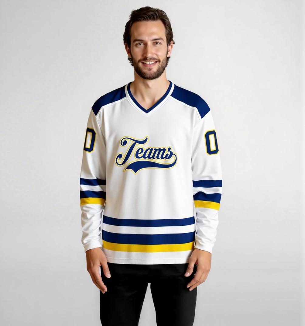Custom White & Navy/Yellow Hockey Jersey