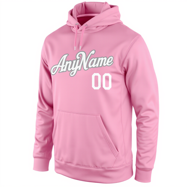 Custom Pink & White/Grey Pullover Sports Sweatshirt Hoodie