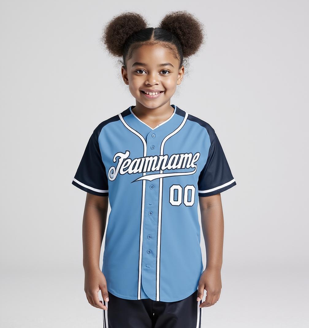 Custom Blue & White/Navy Raglan Sleeves Baseball Jersey
