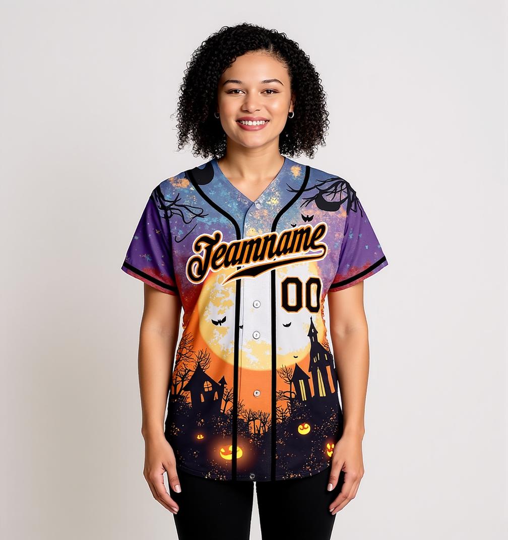 Custom Black&Orange/White 3D Pattern Halloween Pumpkins Bats Baseball Jersey