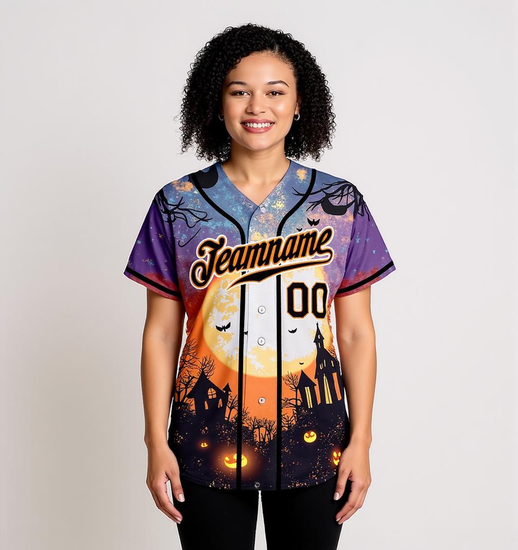 Custom Black&Orange/White 3D Pattern Halloween Pumpkins Bats Baseball Jersey