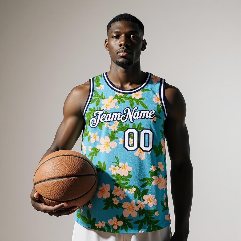 Custom 3D Pattern Aqua & White/Navy Hawaii Flowers Basketball City Edition Jersey