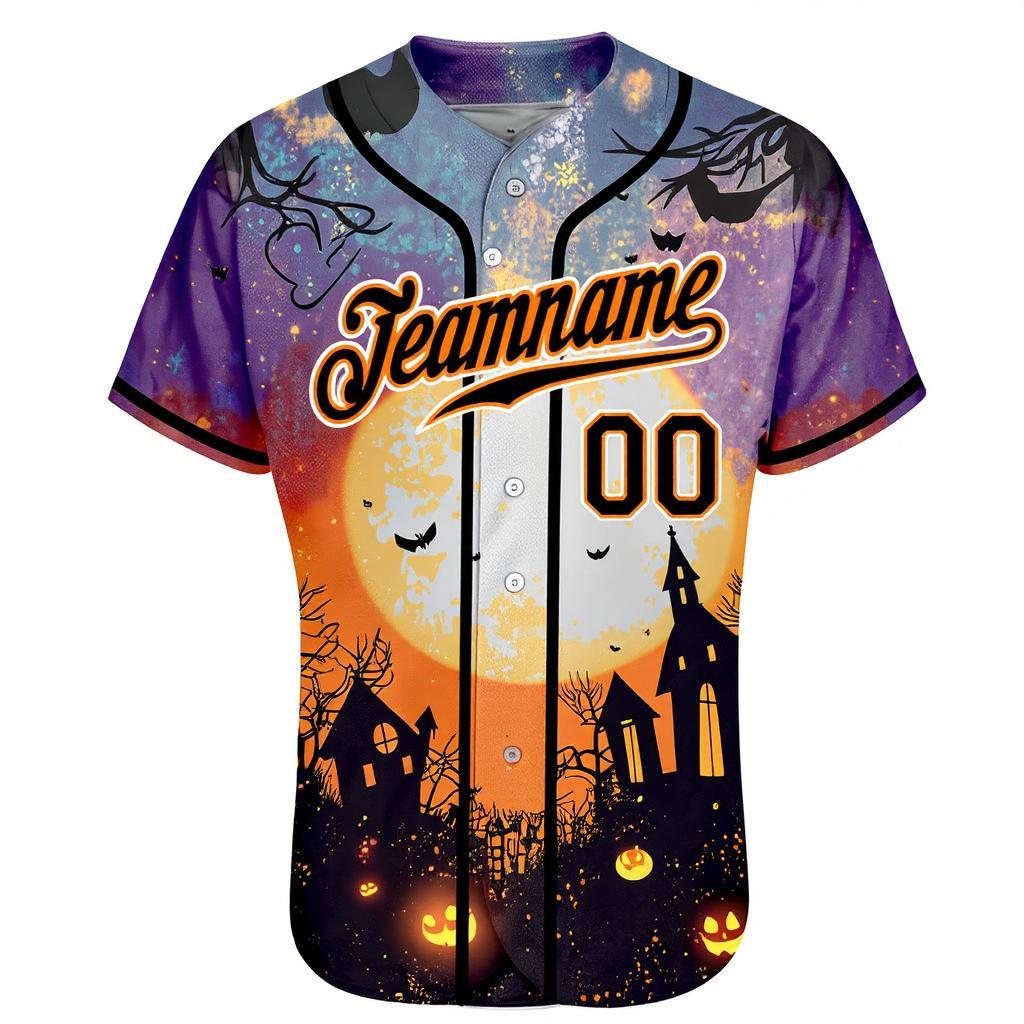Custom Black&Orange/White 3D Pattern Halloween Pumpkins Bats Baseball Jersey