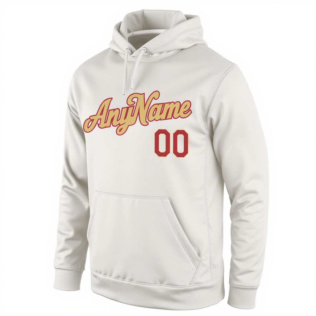 Custom White & Gold/Red Pullover Sports Sweatshirt Hoodie