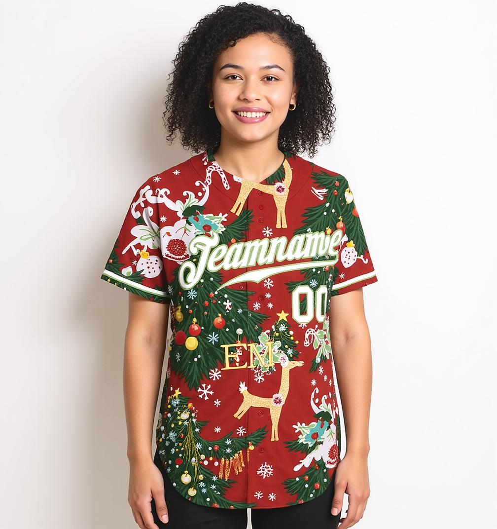 Custom Red & White/Green Christmas 3D Pattern Baseball Jersey