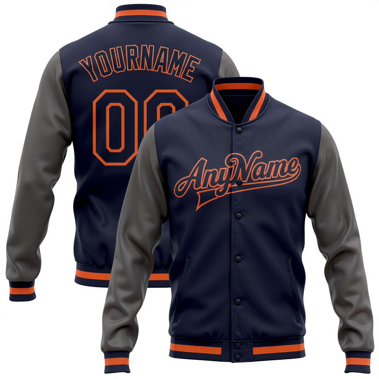 Custom Navy & Gray/Orange Full-Snap Raglan Sleeves Fleece Jacket