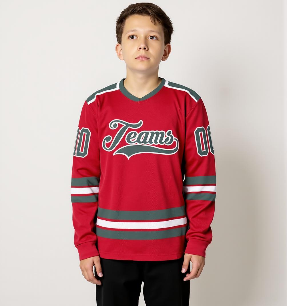 Custom Red & Midnight Green/White Hockey Jersey