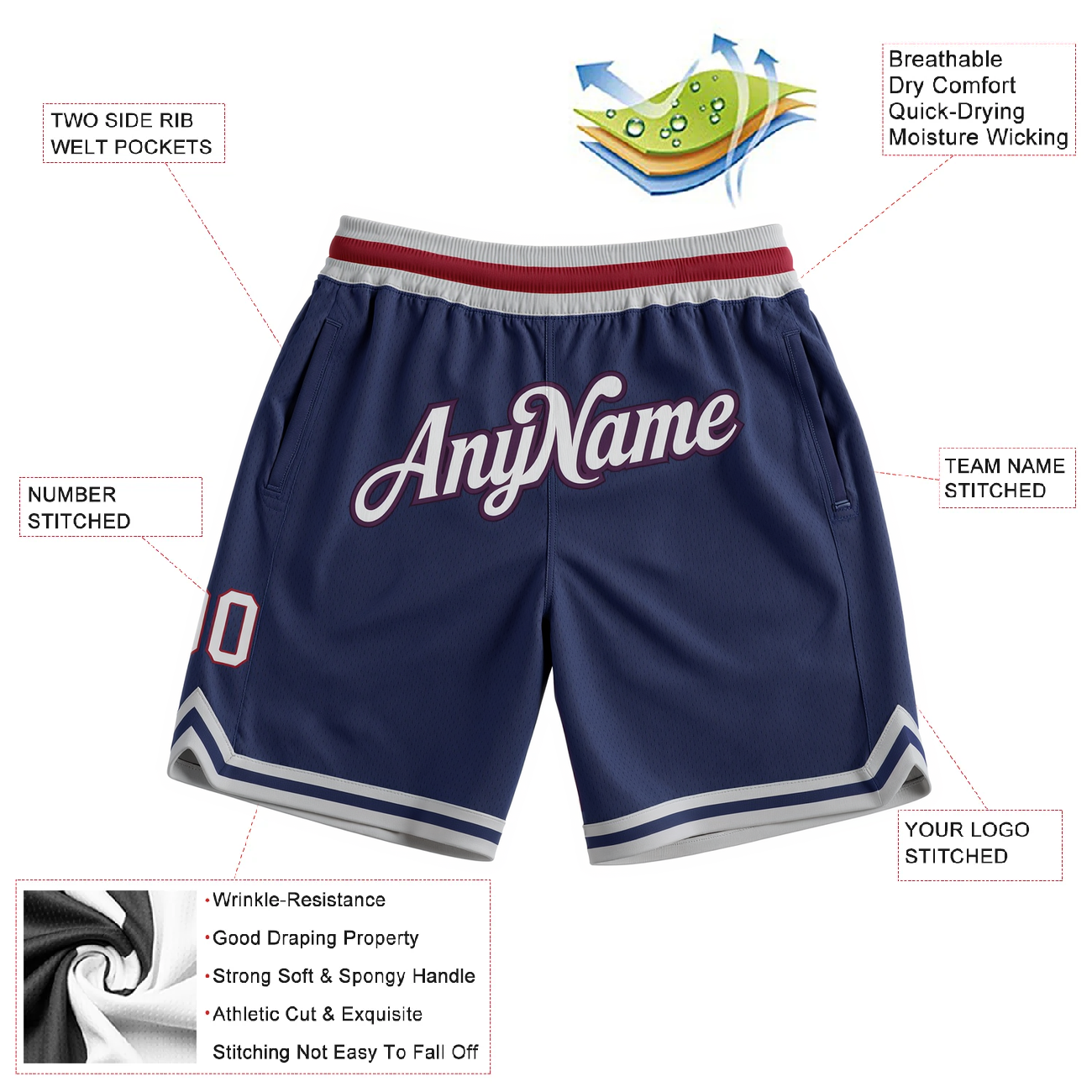 Custom Navy Blue & White/Red Throwback Shorts