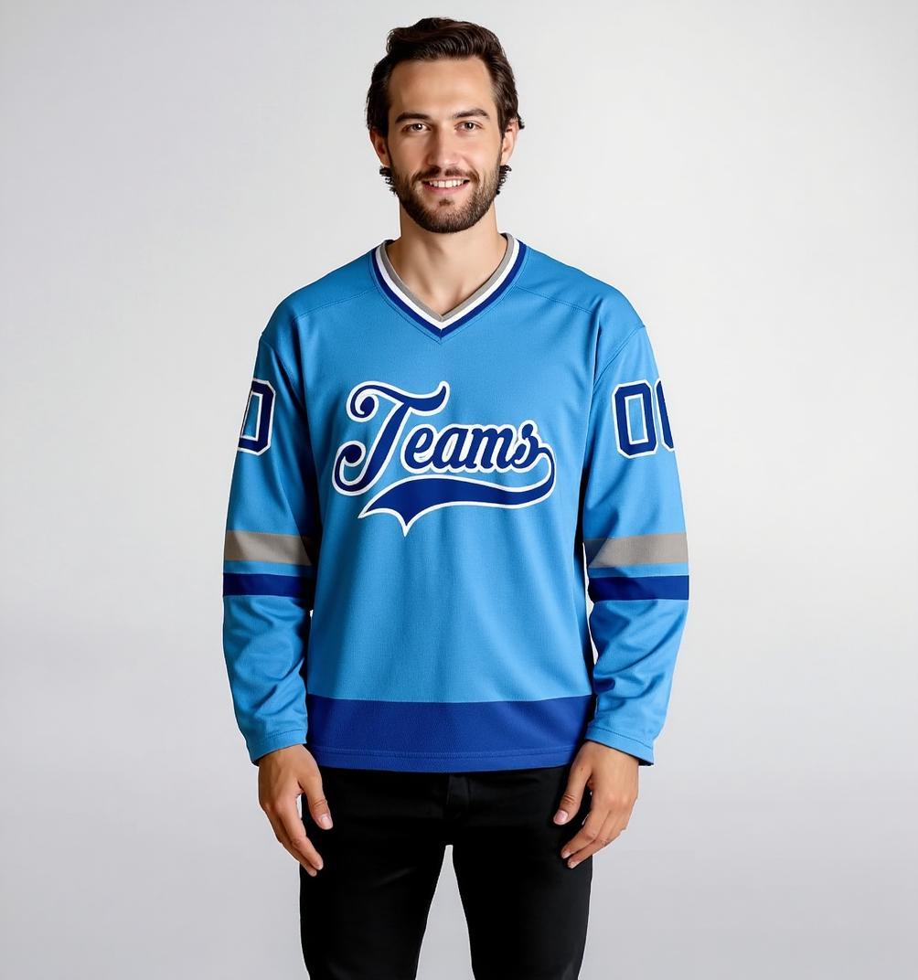 Custom Sky Blue & Royal/White Hockey Jersey
