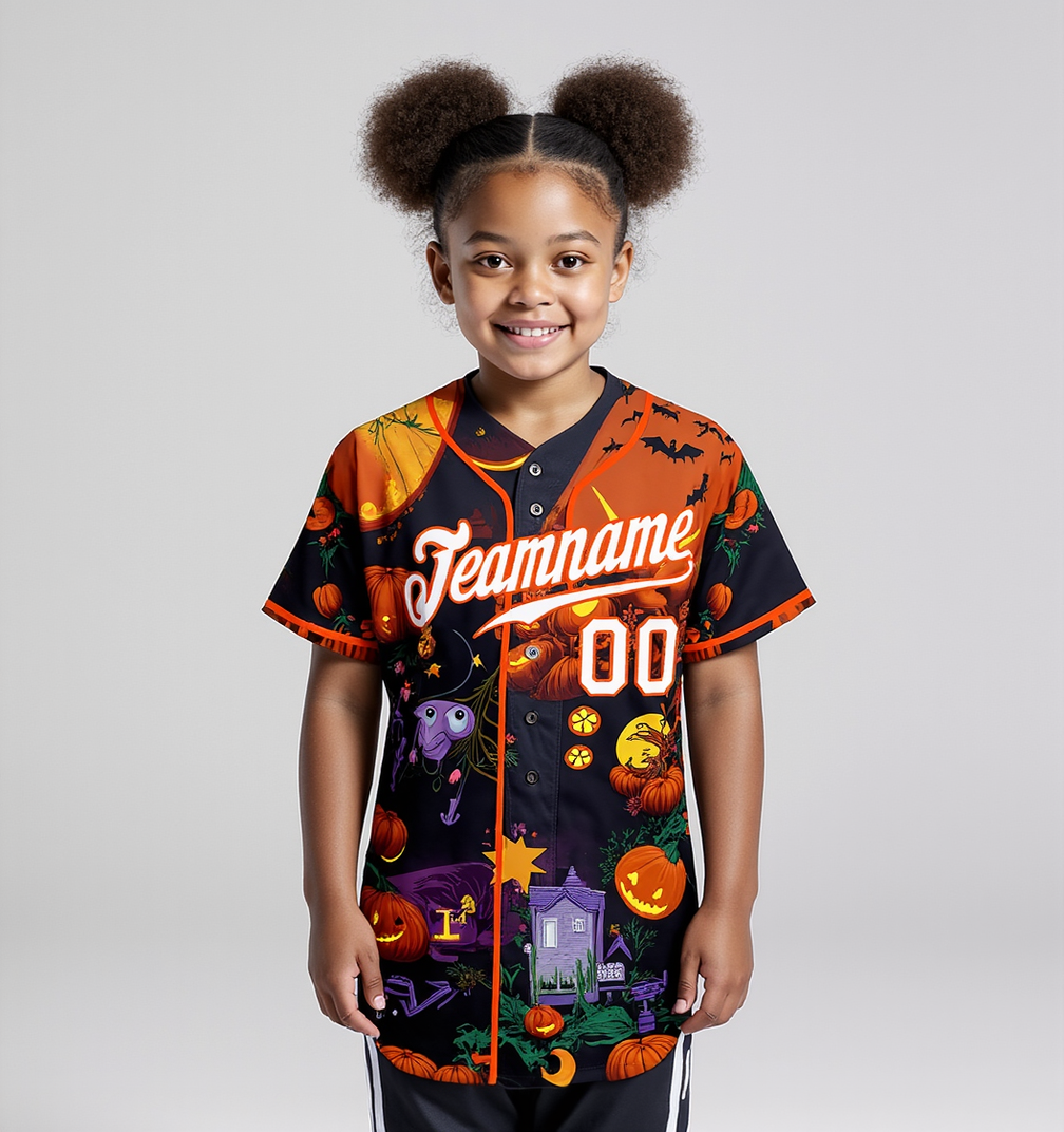 Custom Black & White/Orange 3D Pattern Halloween Pumpkins Bats Baseball Jersey