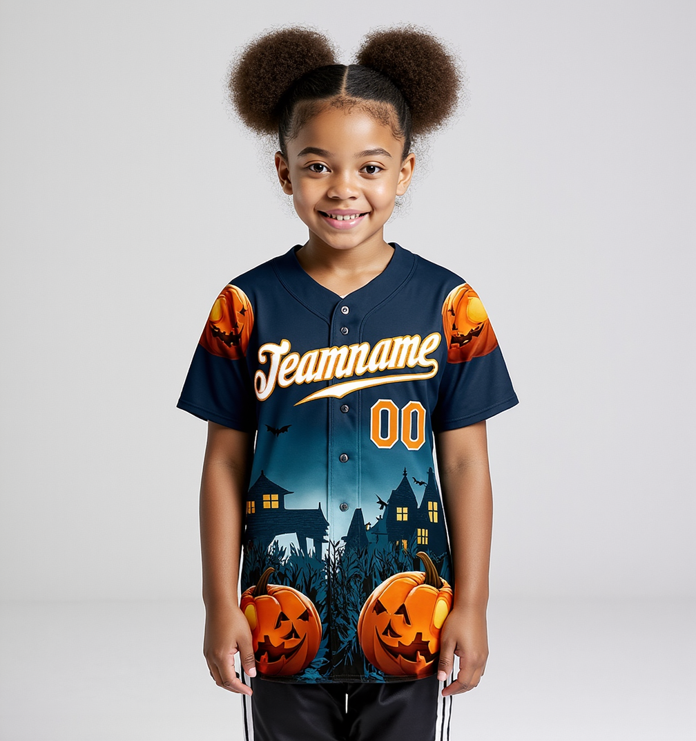 Custom Navy & White/Orange 3D Pattern Halloween Pumpkins Bats Baseball Jersey