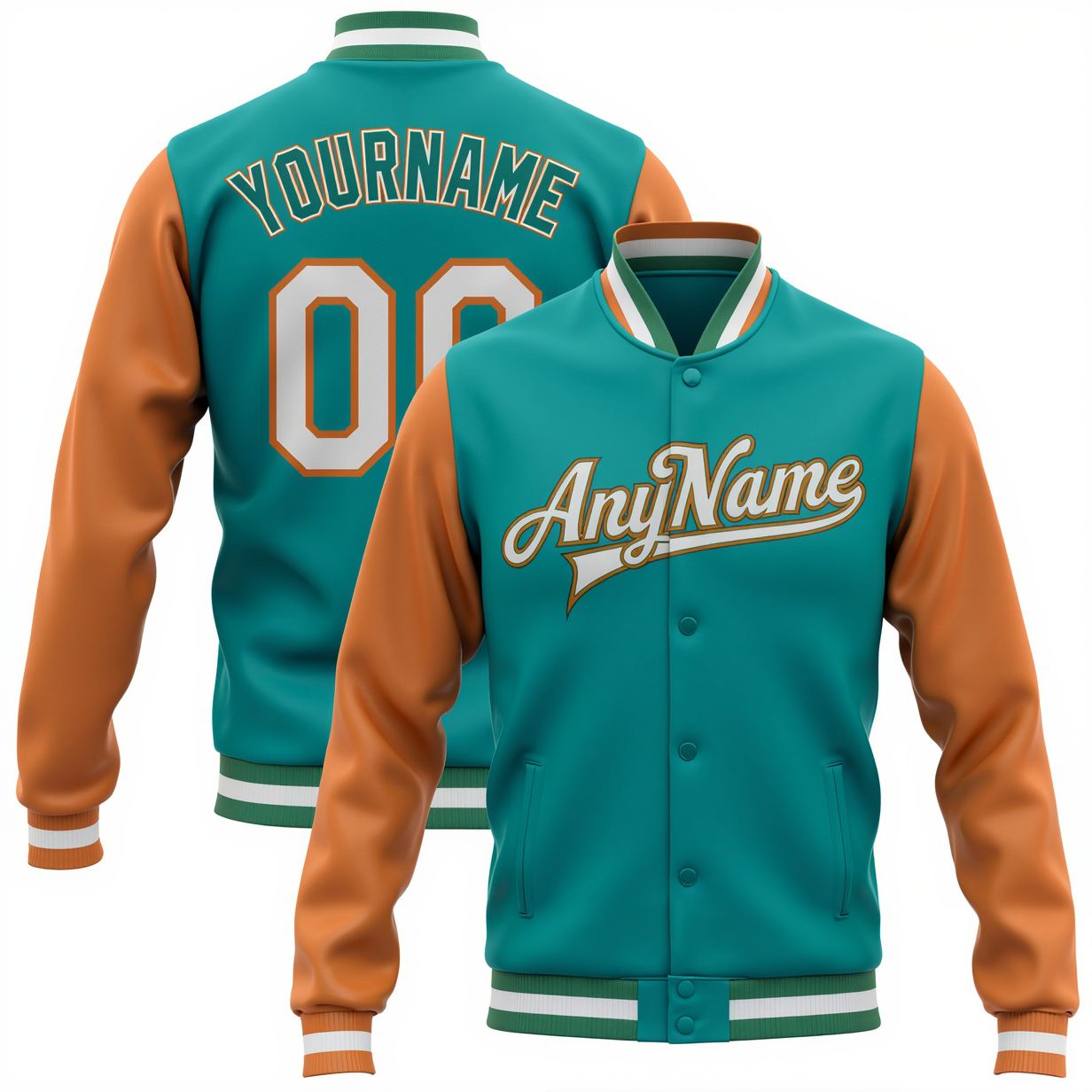 Custom Aqua & Orange/White Full-Snap Raglan Sleeves Fleece Jacket