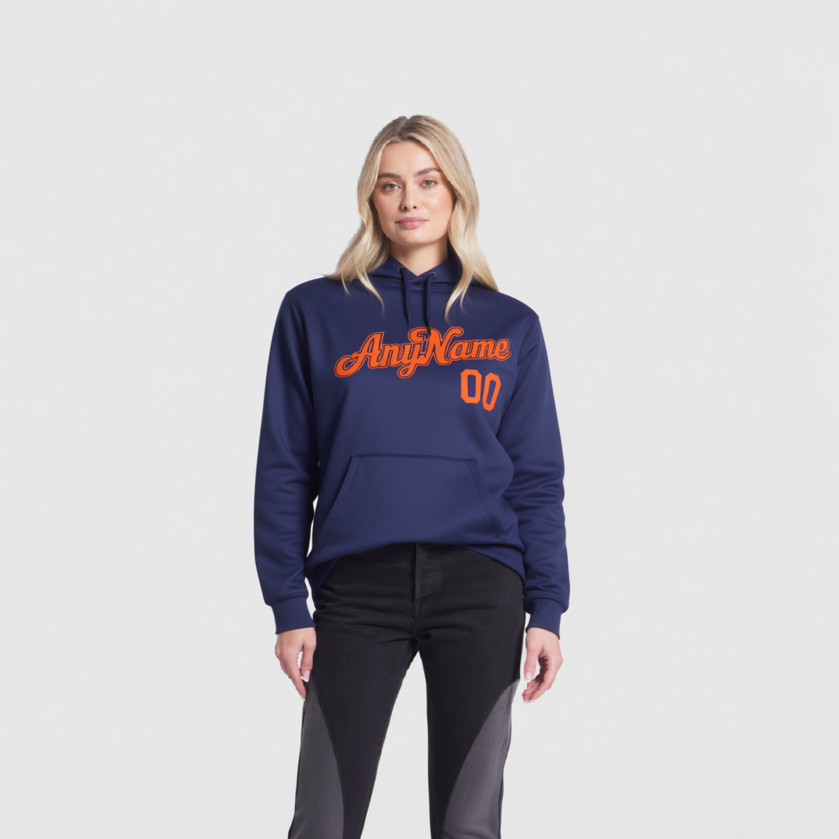 Custom Navy Blue & Orange Pullover Sports Sweatshirt Hoodie