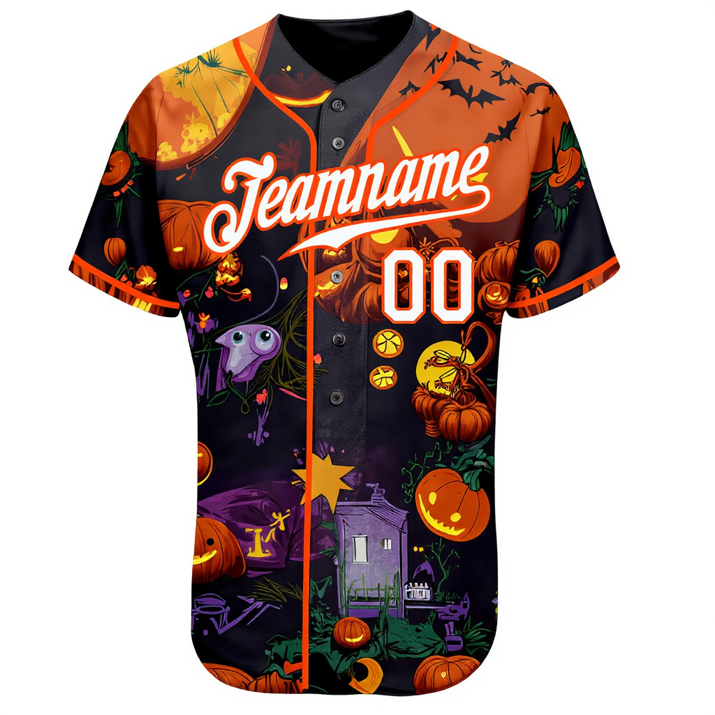 Custom Black & White/Orange 3D Pattern Halloween Pumpkins Bats Baseball Jersey