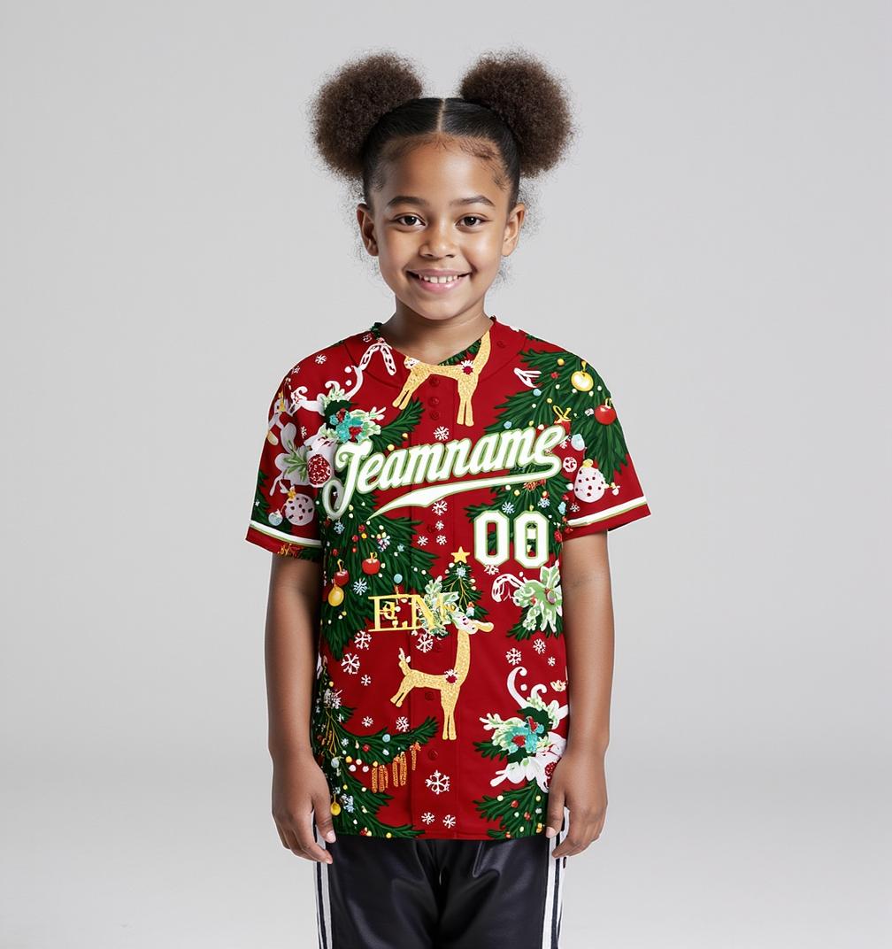 Custom Red & White/Green Christmas 3D Pattern Baseball Jersey