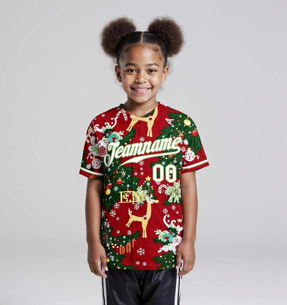 Custom Red & White/Green Christmas 3D Pattern Baseball Jersey