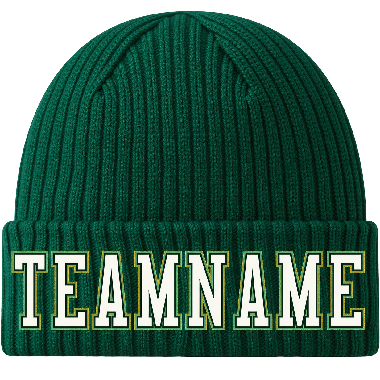 Custom Green & White/Gold Stitched Cuffed Knit Hat