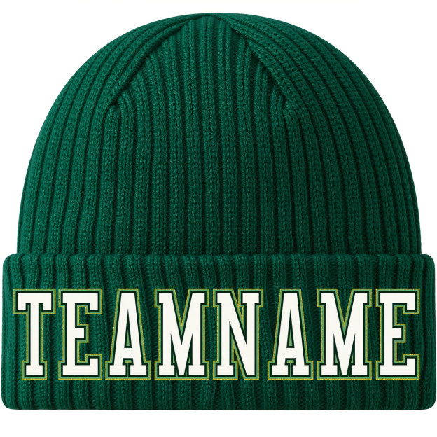 Custom Green & White/Gold Stitched Cuffed Knit Hat