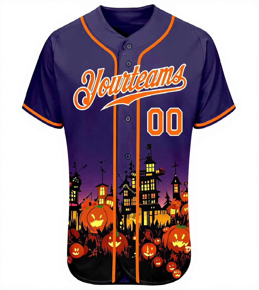 Custom Purple&Orange/White 3D Pattern Halloween Pumpkins Bats Baseball Jersey