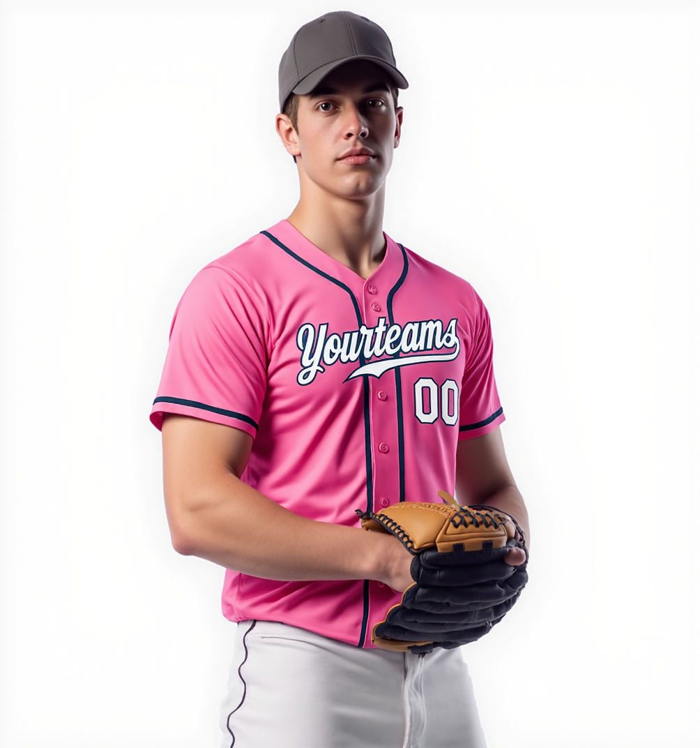 Custom Pink & White/Navy Baseball Jersey