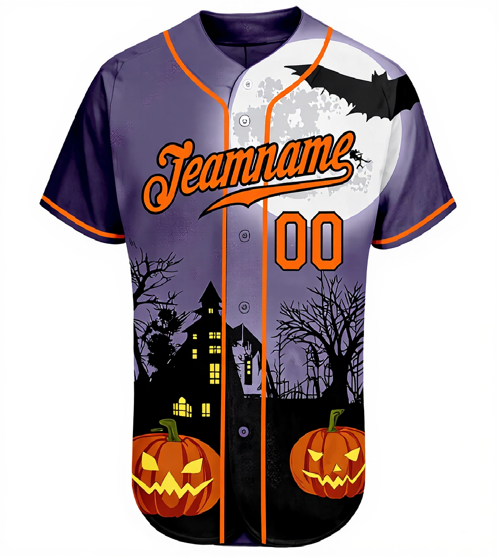 Custom Purple & Orange/Black 3D Pattern Halloween Pumpkins Bats Baseball Jersey
