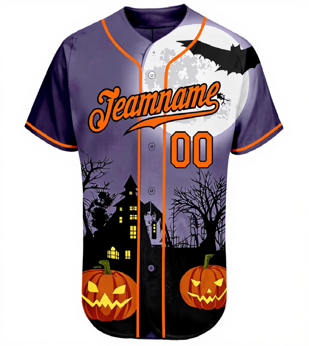 Custom Purple & Orange/Black 3D Pattern Halloween Pumpkins Bats Baseball Jersey