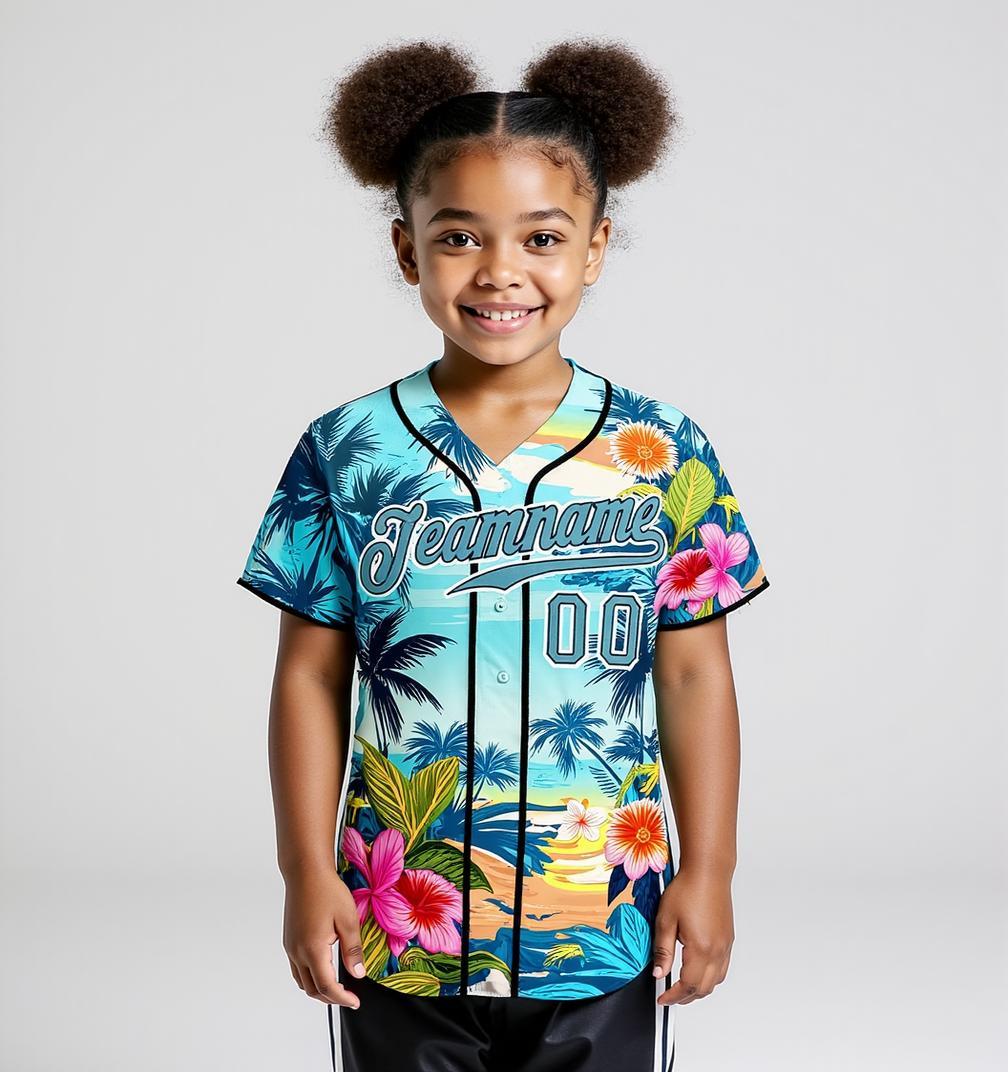 Custom Teal & White Hawaii Palm Leaves And Flowers 3D Pattern Baseball Jersey
