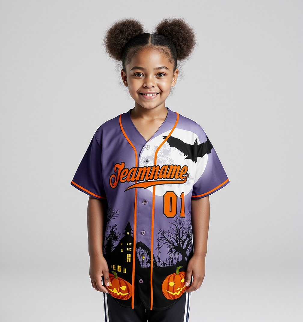 Custom Purple & Orange/Black 3D Pattern Halloween Pumpkins Bats Baseball Jersey
