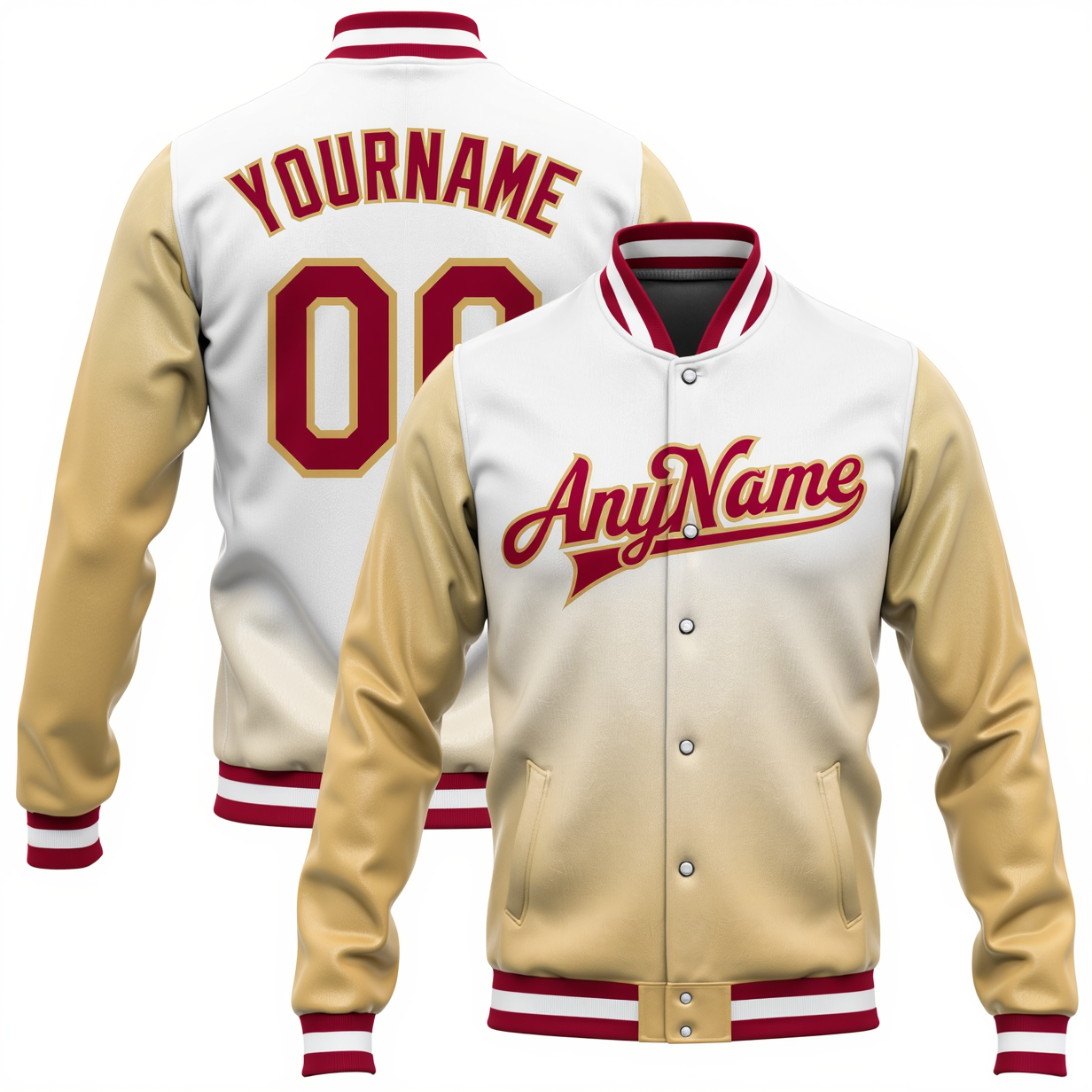 Custom White & Khaki/Red Full-Snap Gradient Raglan Sleeves Fleece Jacket