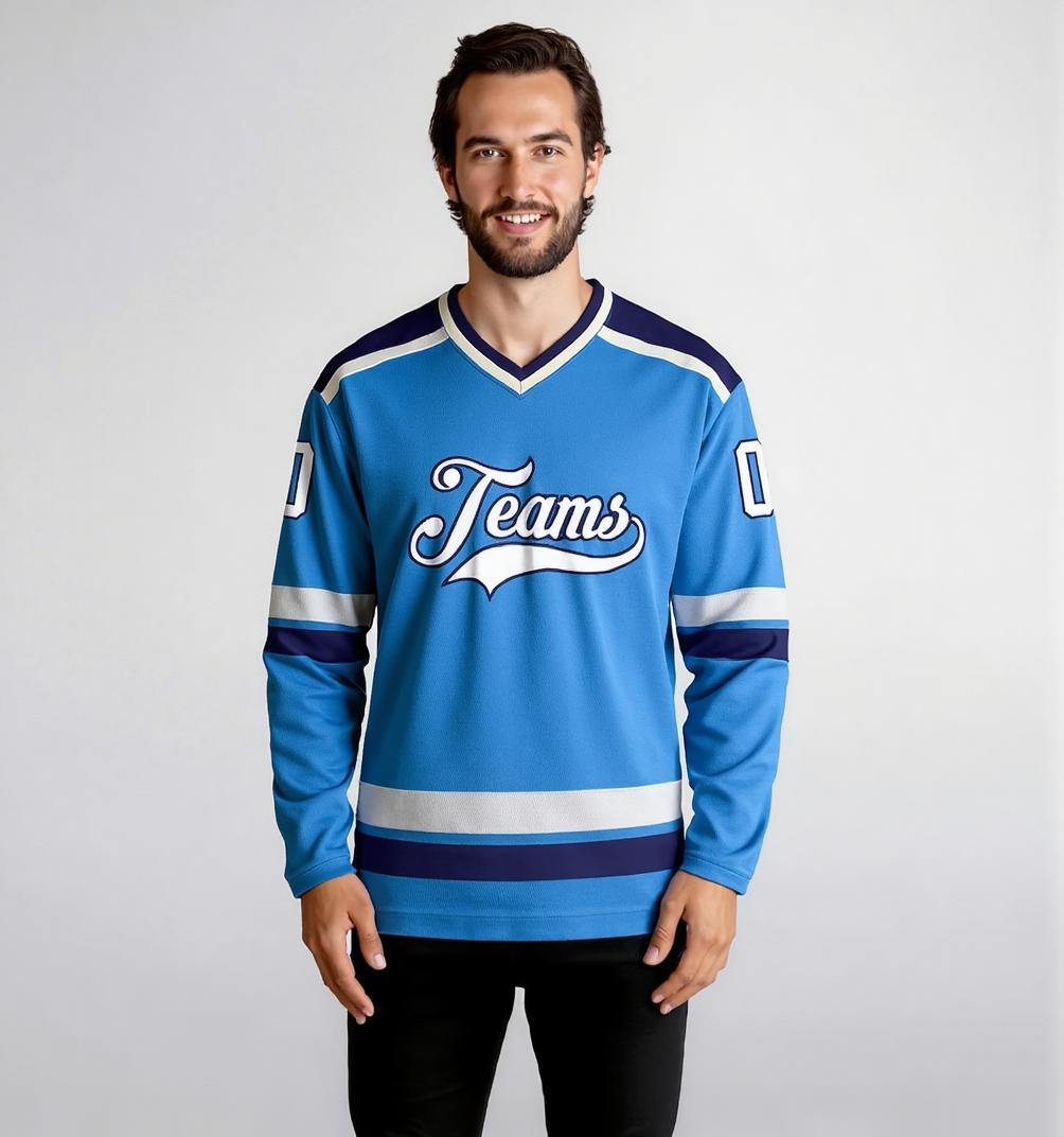 Custom Sky Blue & White/Navy Hockey Jersey
