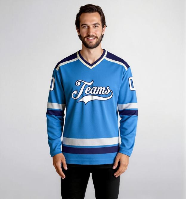 Custom Sky Blue & White/Navy Hockey Jersey