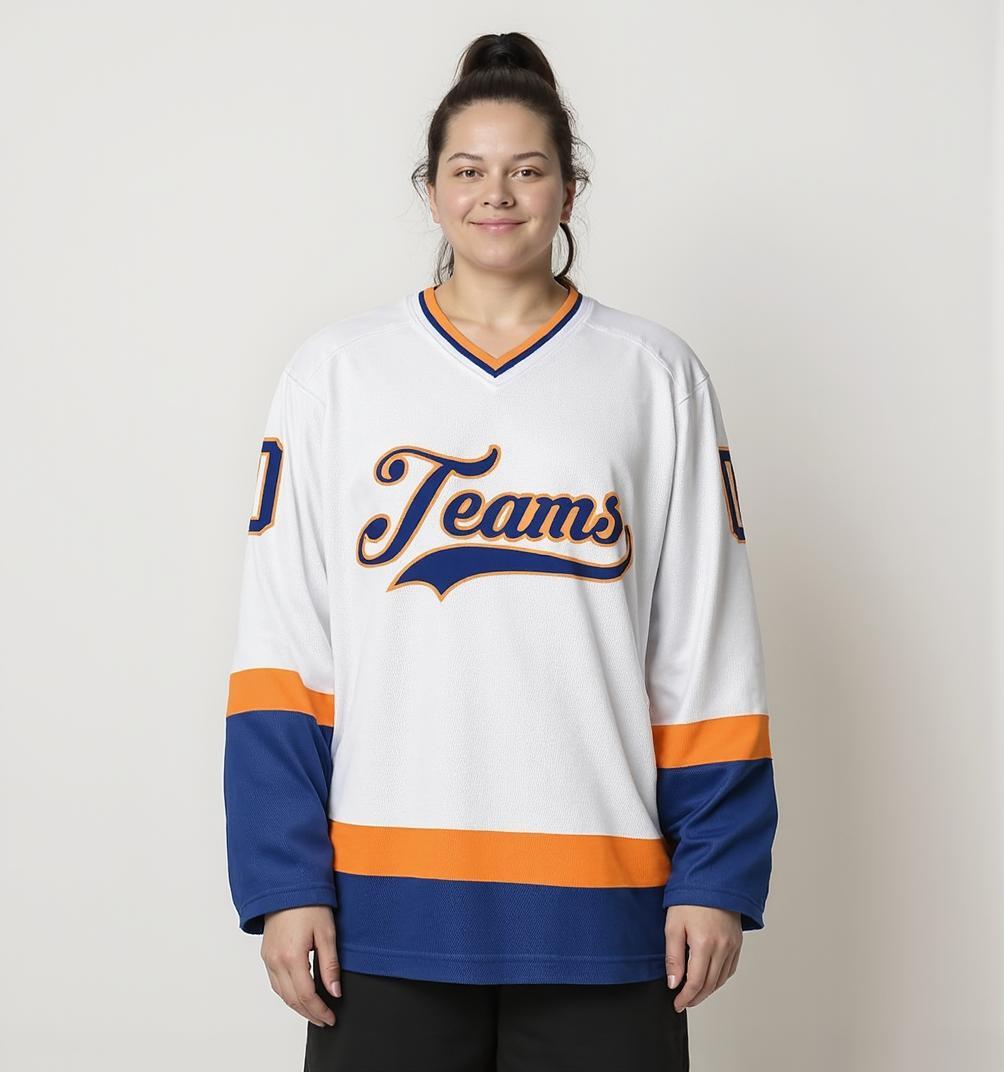Custom White & Navy/Orange Hockey Jersey