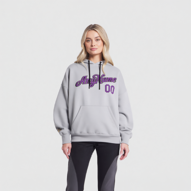 Custom Grey & Purple/Black Pullover Sports Sweatshirt Hoodie