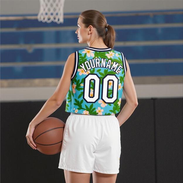 Custom 3D Pattern Aqua & White/Navy Hawaii Flowers Basketball City Edition Jersey