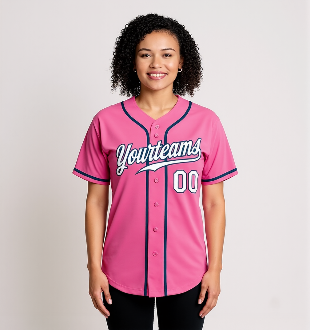 Custom Pink & White/Navy Baseball Jersey