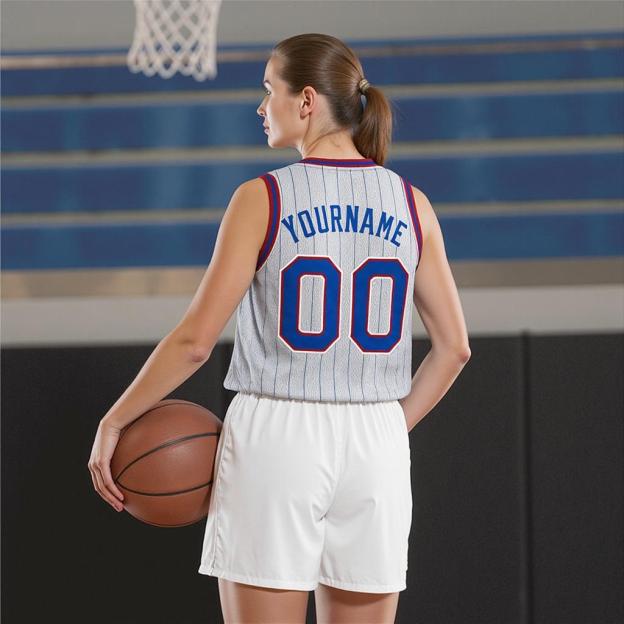 Custom Grey & Royal/White Black Pinstripes Basketball City Edition Jersey