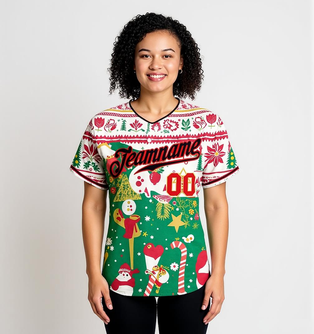 Custom Green & Black/White Christmas 3D Pattern Baseball Jersey