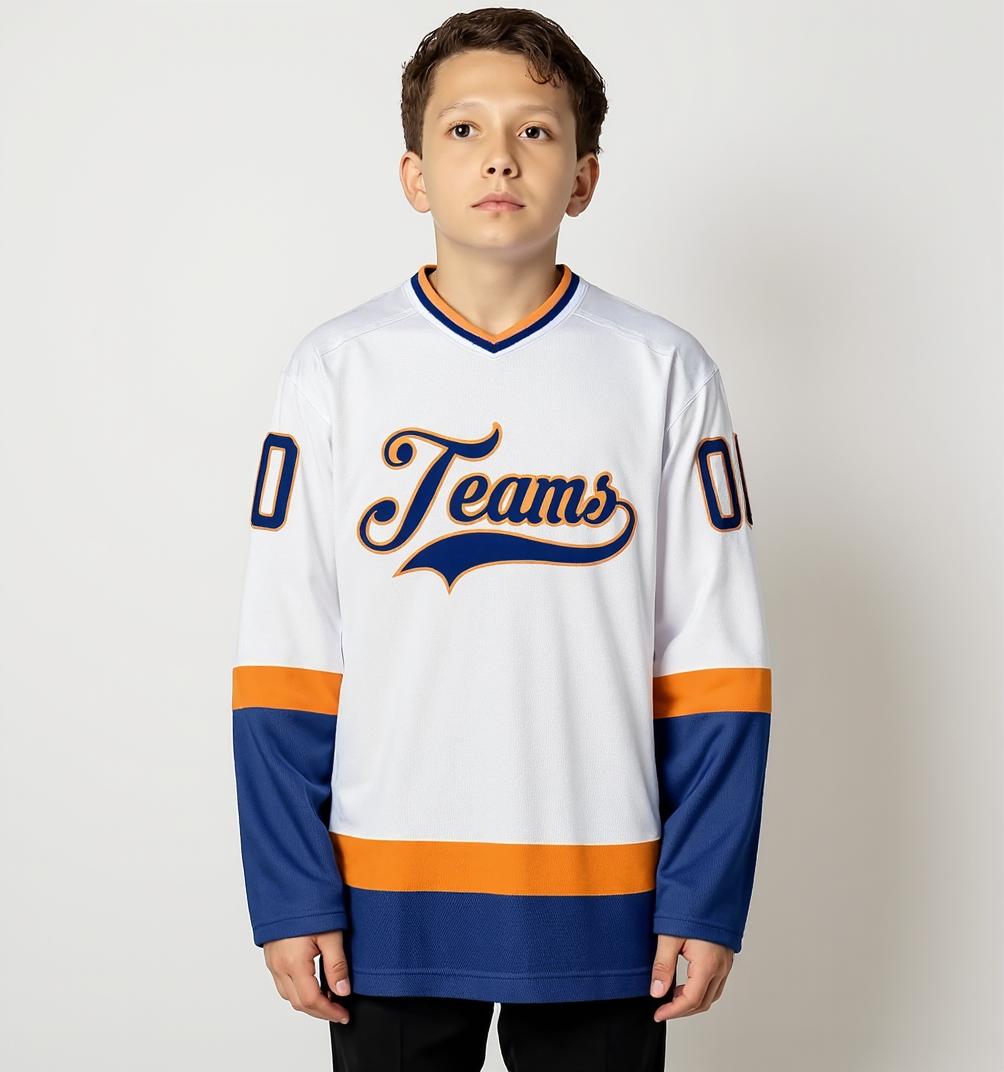 Custom White & Navy/Orange Hockey Jersey
